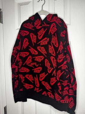 EUC Boys Nike Black Hoodie with Red Swoosh Logo Print Size Medium